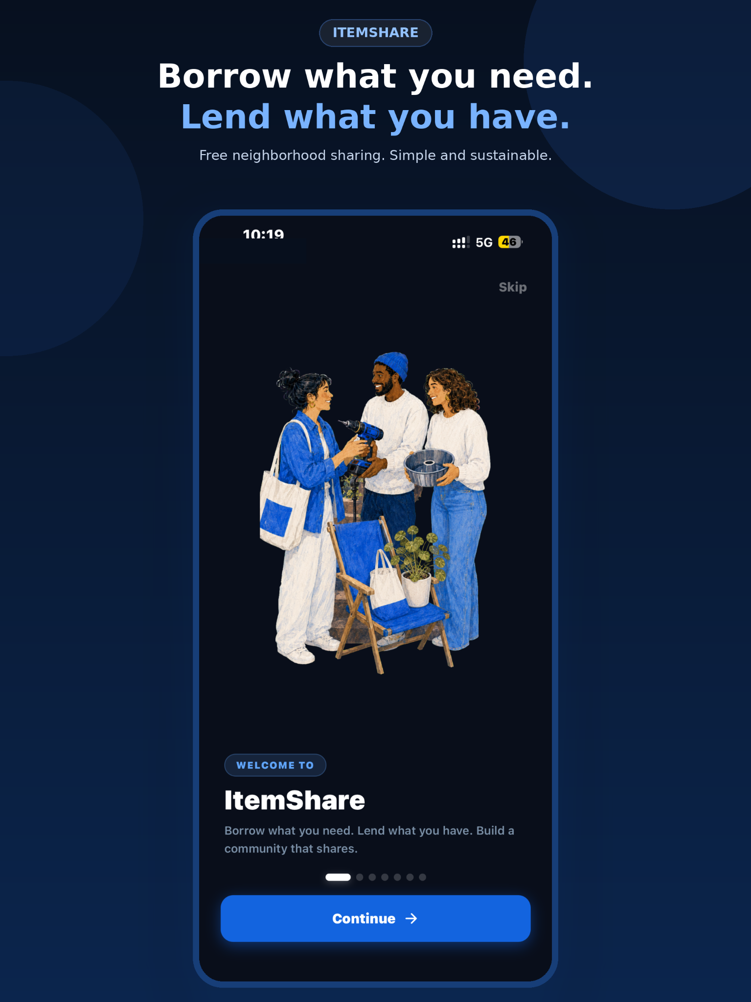 ItemShare welcome screen introducing free neighborhood borrowing and lending