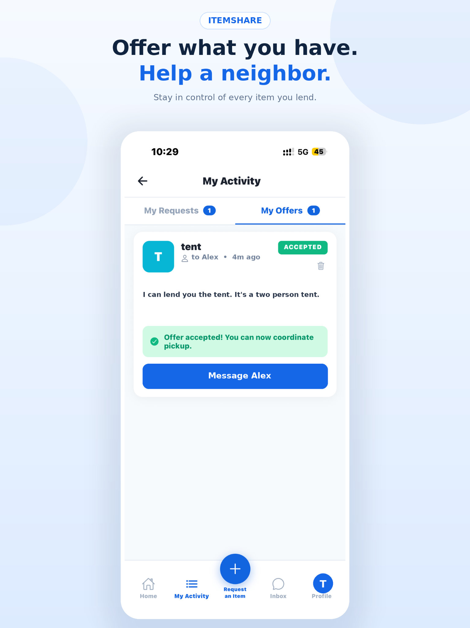 ItemShare activity screen showing an accepted offer from a neighbor