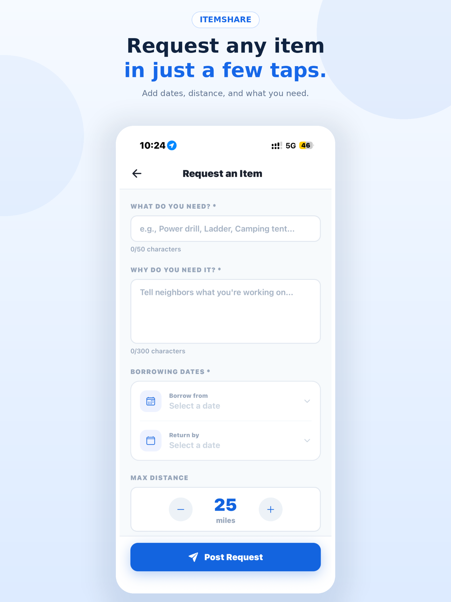 ItemShare request form for choosing an item, borrowing dates, and distance